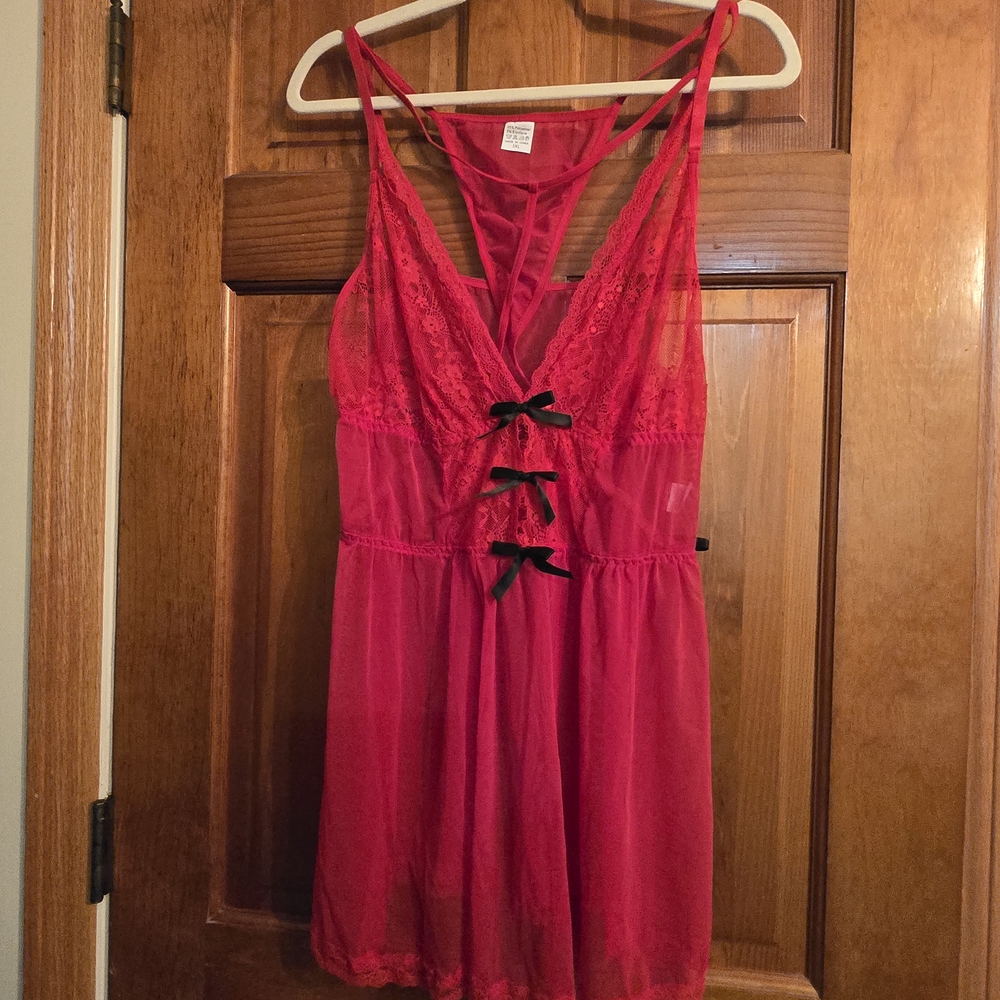 Lace Lingerie Mesh Slip Red with Black Bows And Thong